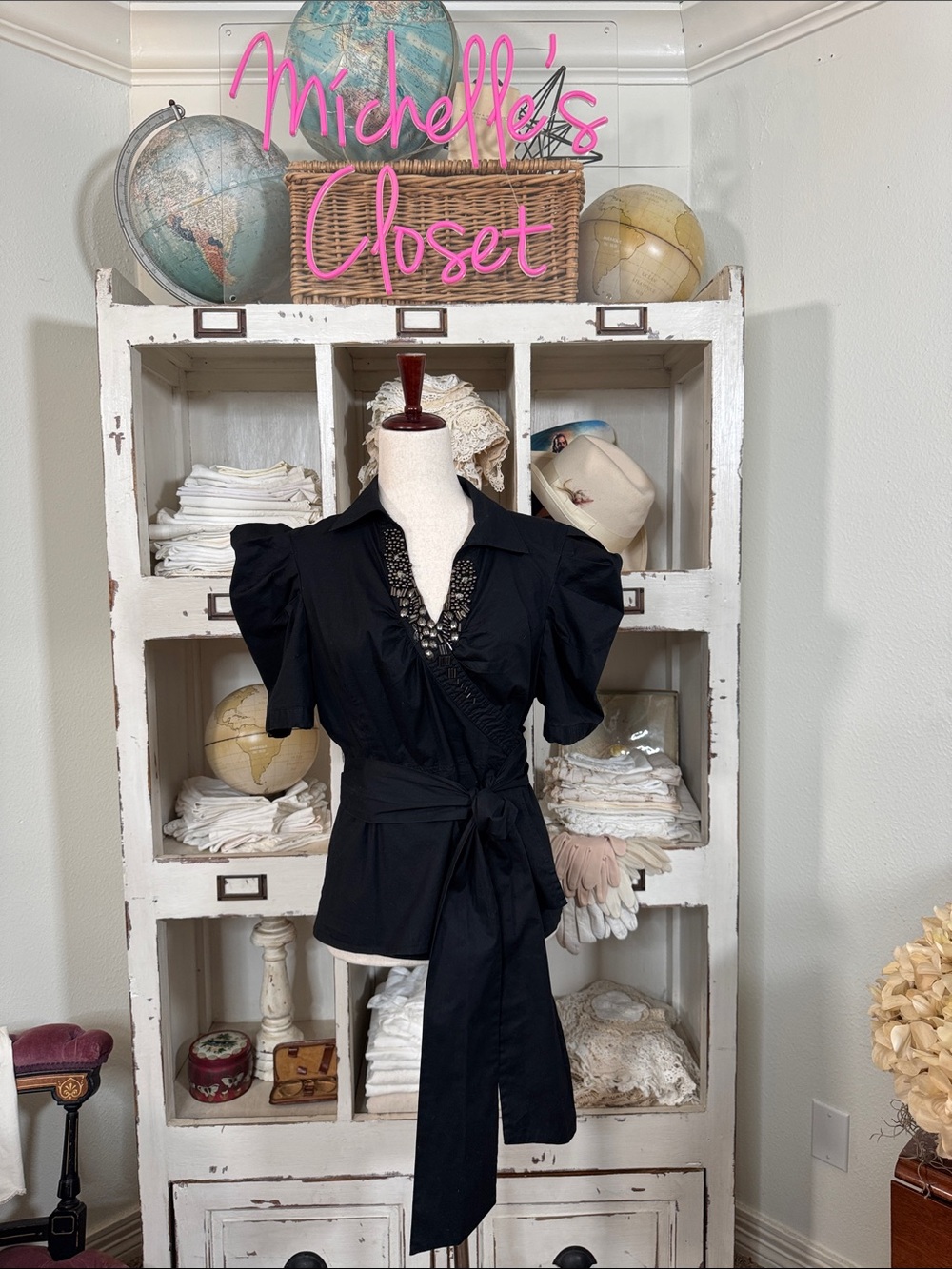 Black Puff-Sleeve Wrap Top with Lace Trim